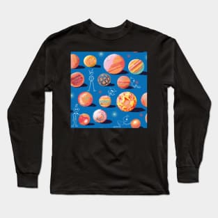 Fallen Jupiter Moons orange on blue pattern Long Sleeve T-Shirt